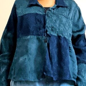 April Cornell Size L Vintage Blue Patterned Patchwork Women's Blouse